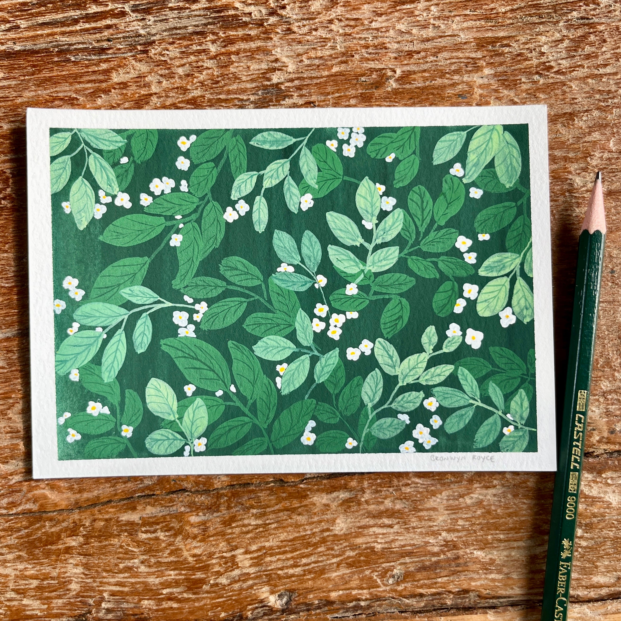 Tiny white flowers in gouache