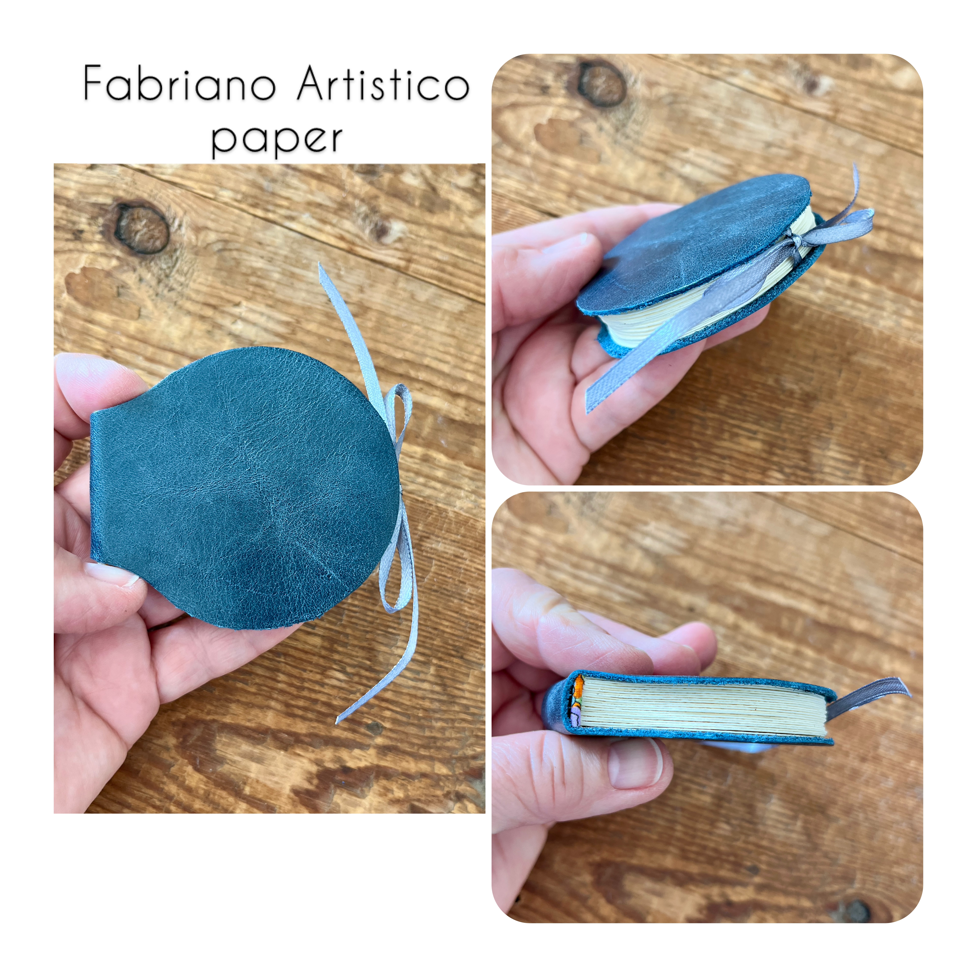 Round handmade mini journal 2.5" in blue genuine leather - blank pages