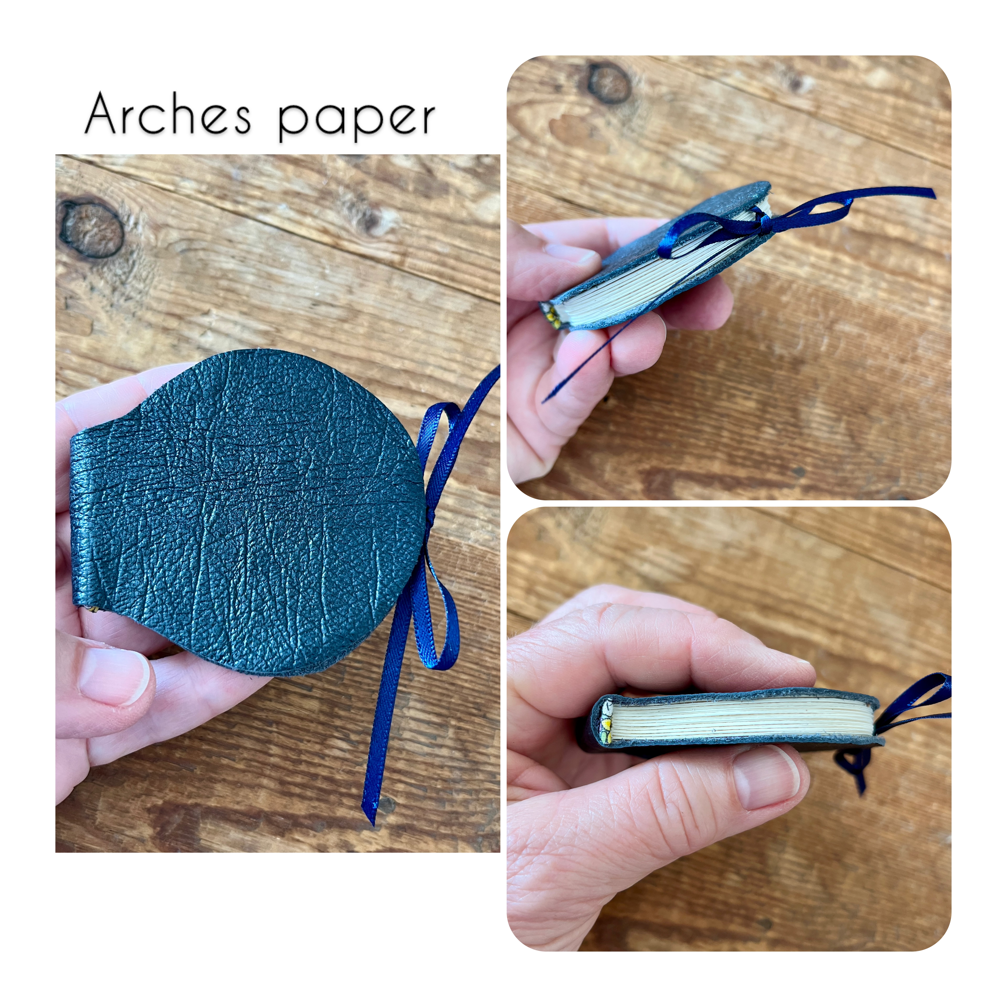 Round handmade mini journal 2.5" in blue genuine leather - blank pages